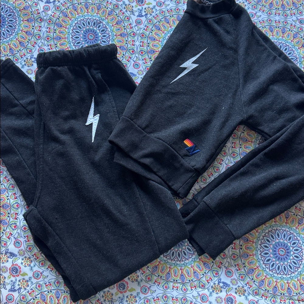 Aviator Nation Black Joggers w/  Lightning Design matching crop sweater